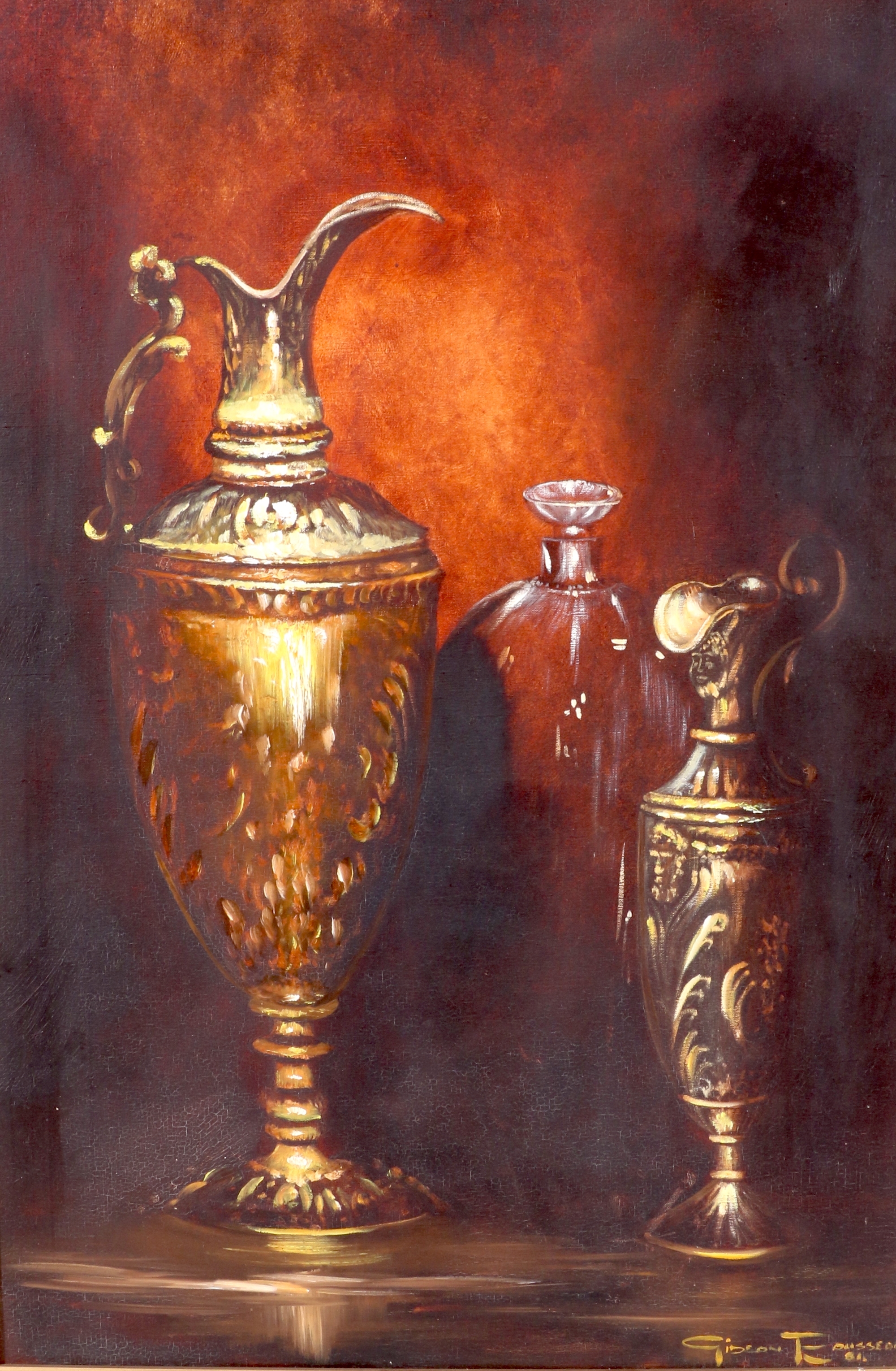Artwork by Gideon Rousseau, COPPER VASES STILL LIFE, Made of oil on canvas on board
