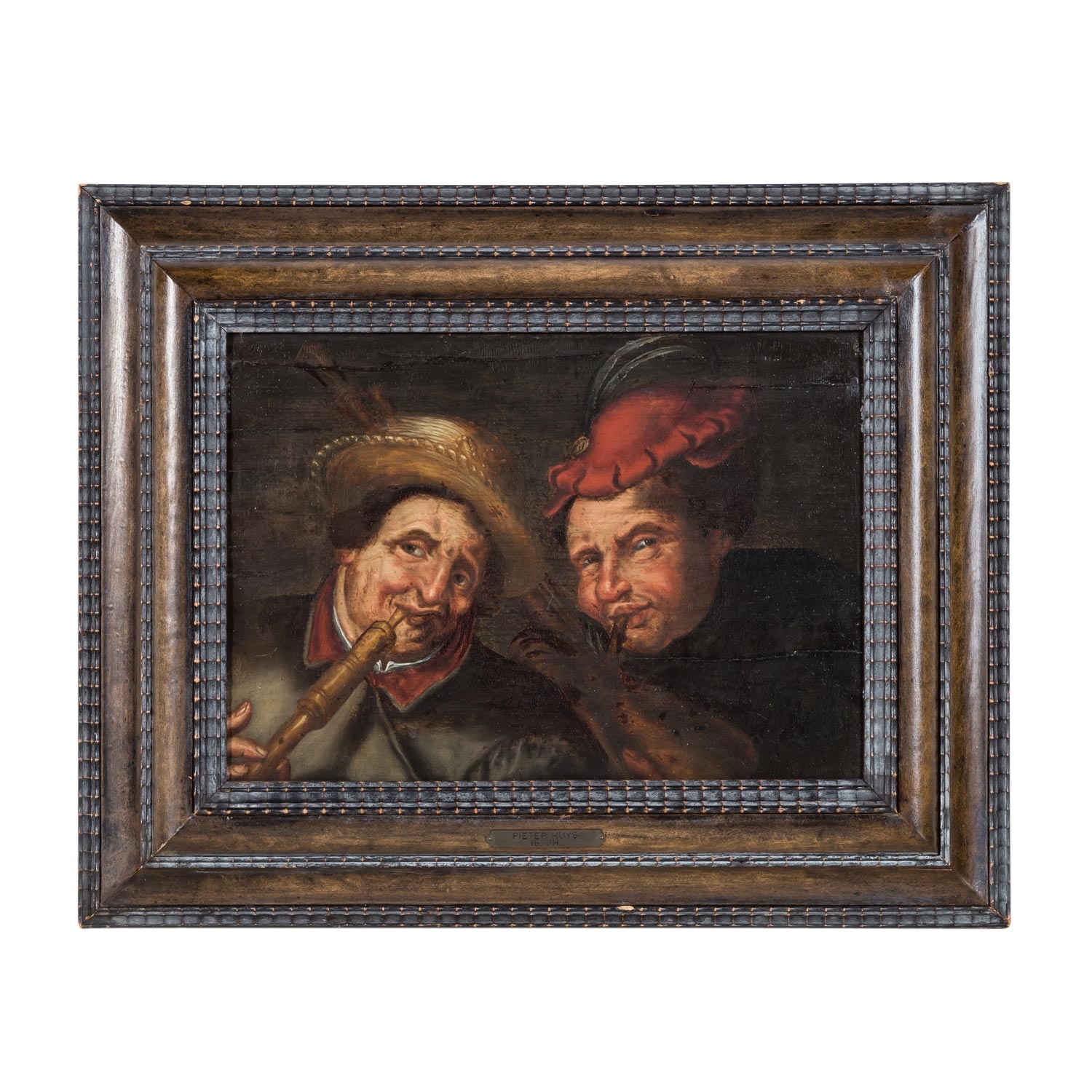 Artwork by Pieter Huys, Two bagpipers, Made of panel