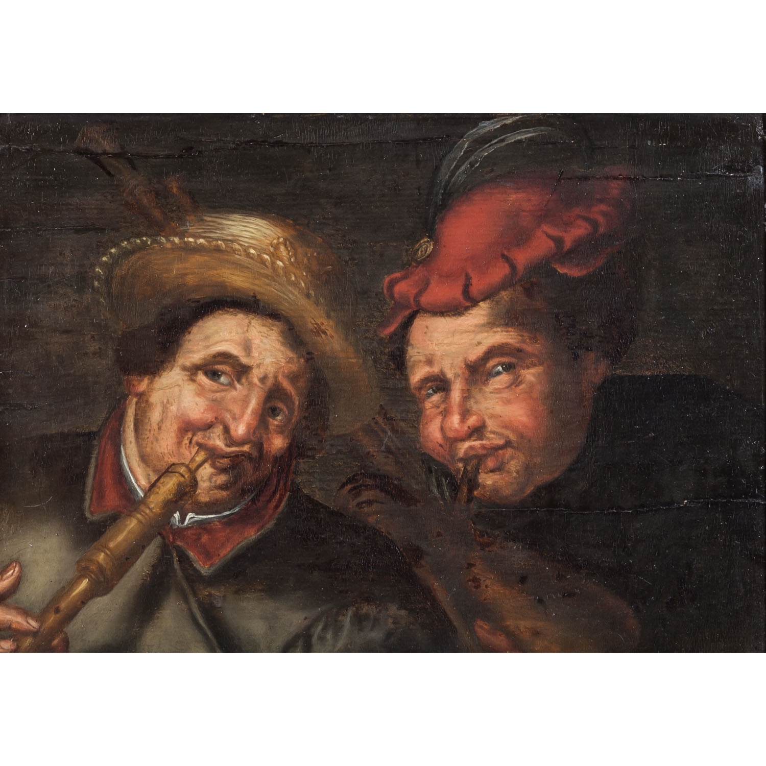 Artwork by Pieter Huys, Two bagpipers, Made of panel