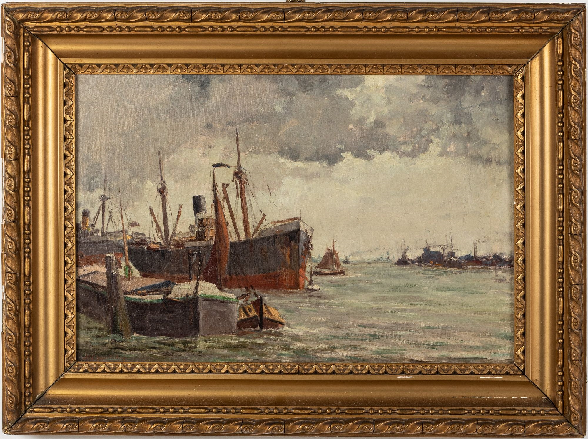 Artwork by Willem Horselenberg, Steamship in Harbor, Made of Oil on Canvas