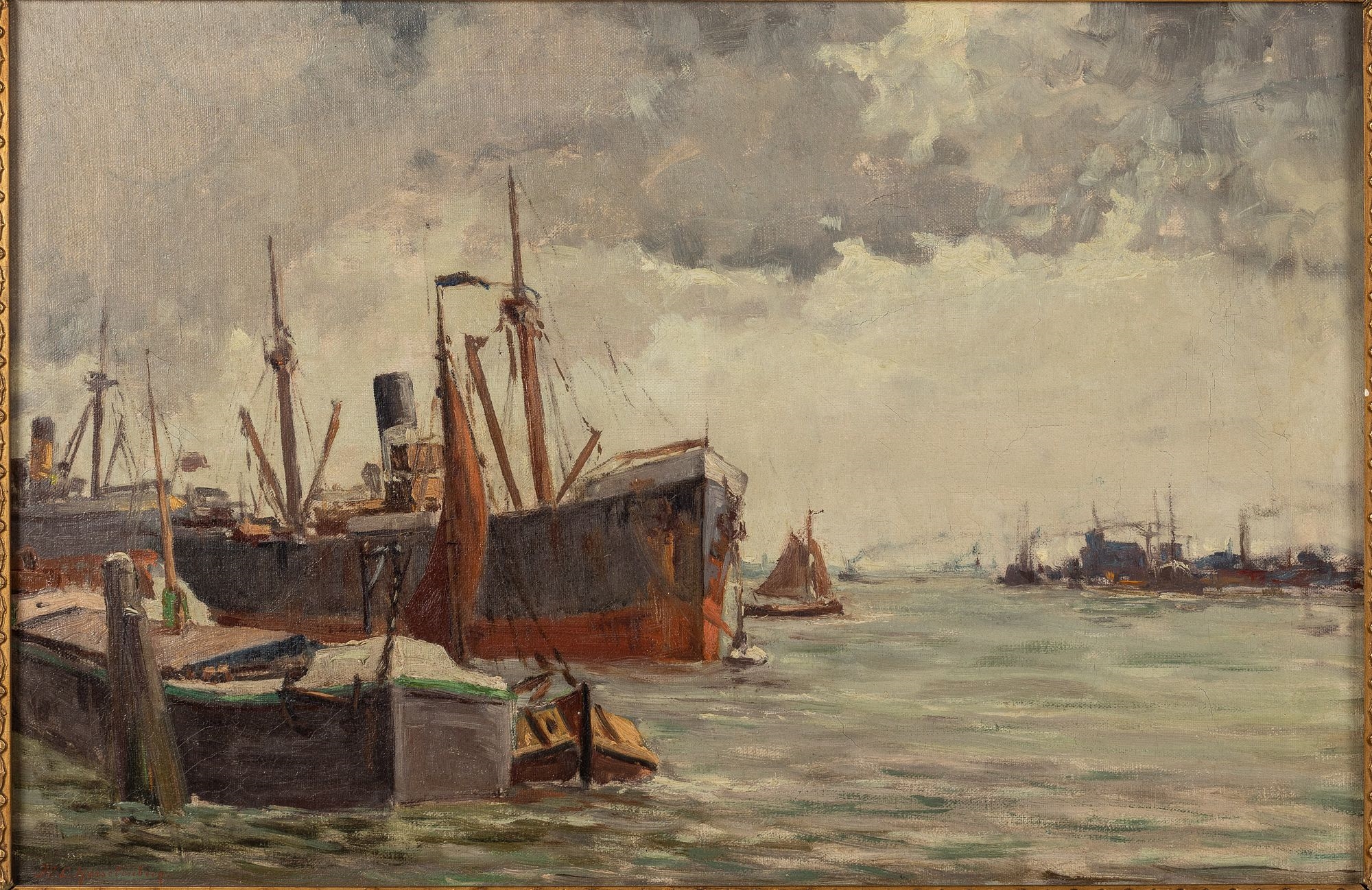 Artwork by Willem Horselenberg, Steamship in Harbor, Made of Oil on Canvas