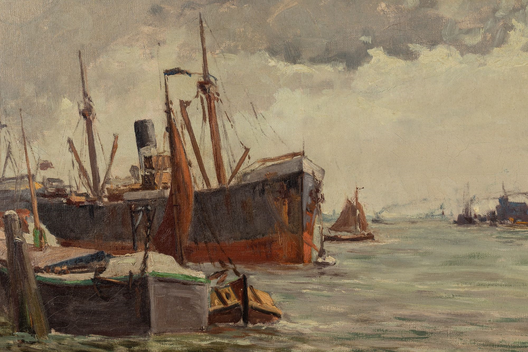 Artwork by Willem Horselenberg, Steamship in Harbor, Made of Oil on Canvas