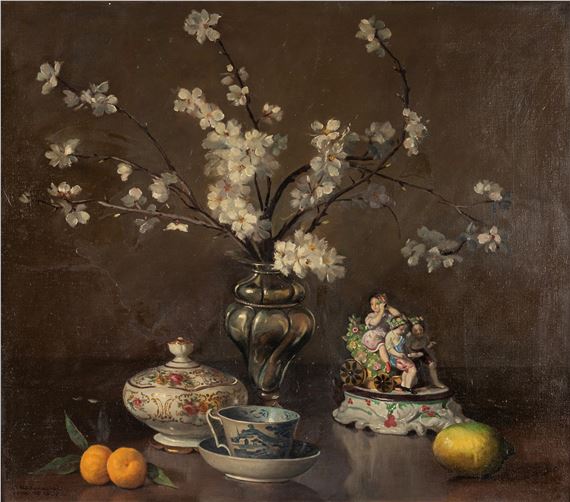 Still life with cherry blossoms and porcelain by Carlo Romagnoli, 1945