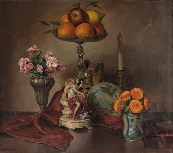 Still life with bowl with oranges and vase with dahlias by Carlo Romagnoli, 1945