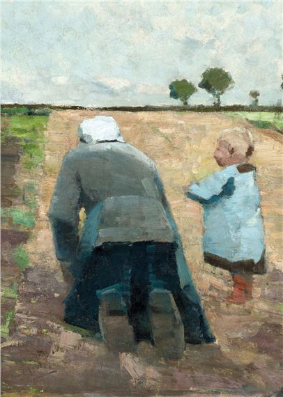 Peasant woman weeding with child on the field by Henry van de Velde, 1886-87