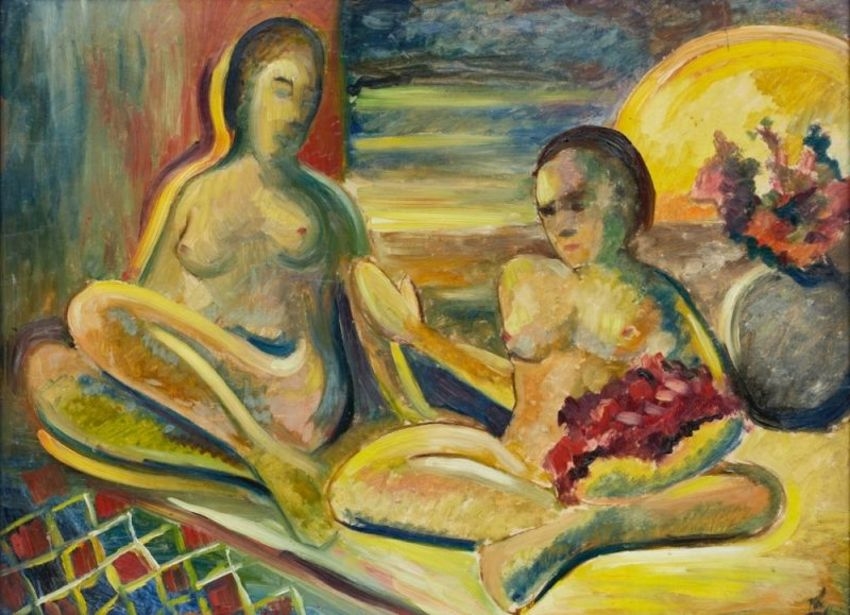 Zwei Frauen im Gespräch (zwei weibliche Akte, orientalisierende Szene) by Carl Andreas Lange