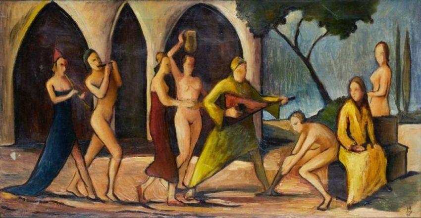 Bukolische Szene (Musikanten) / rückseitig eine weitere mehrfigurige Szene by Carl Andreas Lange, 1940