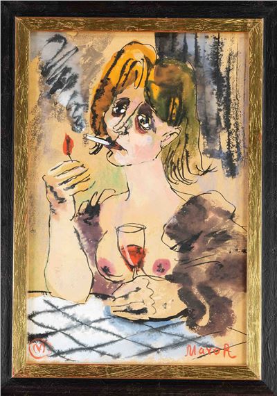 bare-breasted barmaid lighting a cigarette by Igor Mayor