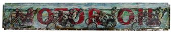 A vintage-style rectangular sign featuring large red lettering and a row of cyclists.