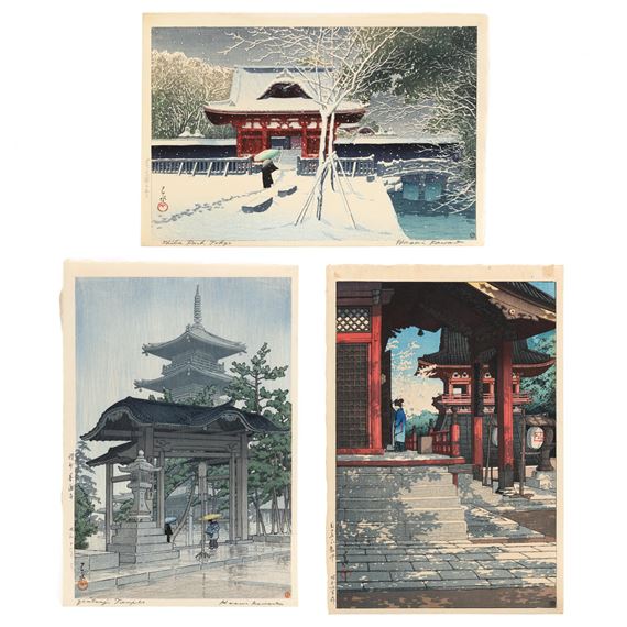 Three Woodblock Prints of Temples by Hasui Kawase, 1912