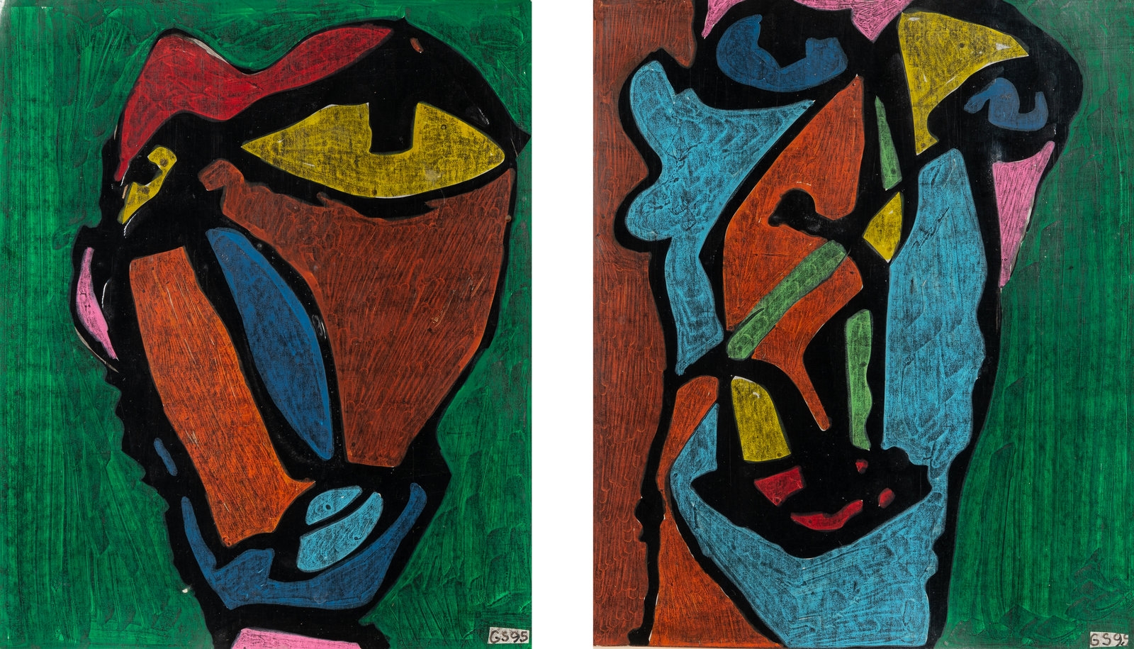 Artwork by Gérard Sendrey, Untitled (Heads) (two works), Made of mixed media on cardboard