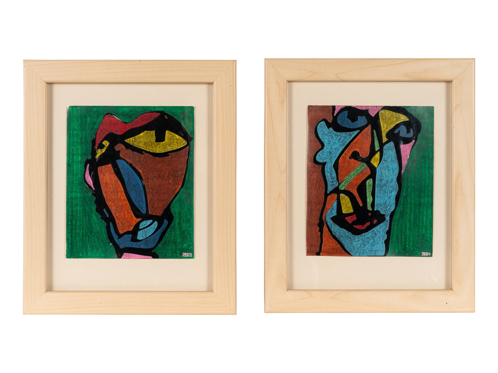 Artwork by Gérard Sendrey, Untitled (Heads) (two works), Made of mixed media on cardboard