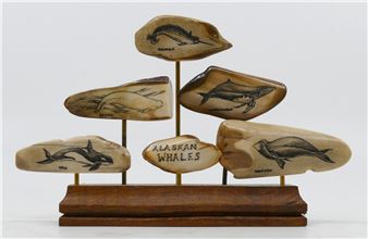 Geoff Olson ''Alaskan Whales'' Scrimshawed Fossilized Tusk Fragments on Stand 7'' - Geoff Olson