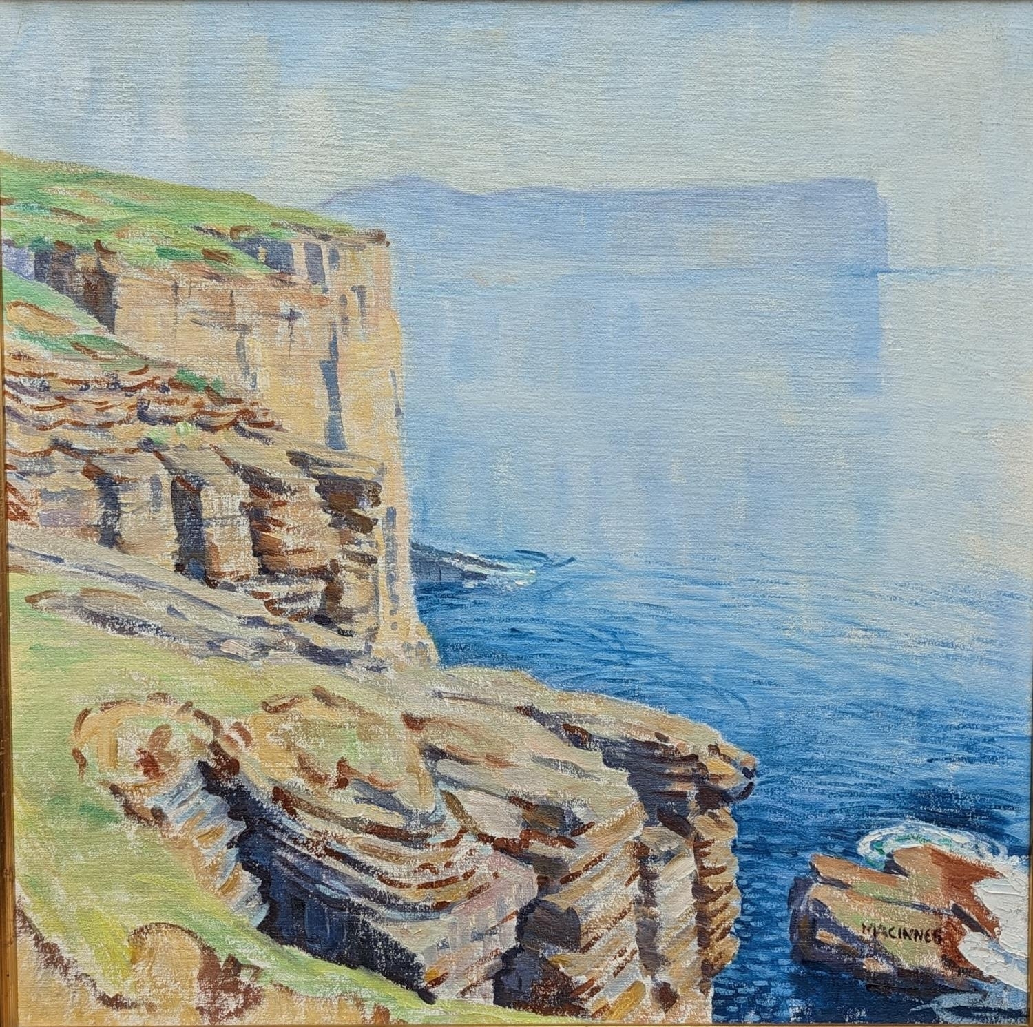 Artwork by Ian MacInnes, Scottish coastal cliffs, probably Yesnaby Orkney with Old Man of Hoy in the distance , Made of Oil on board