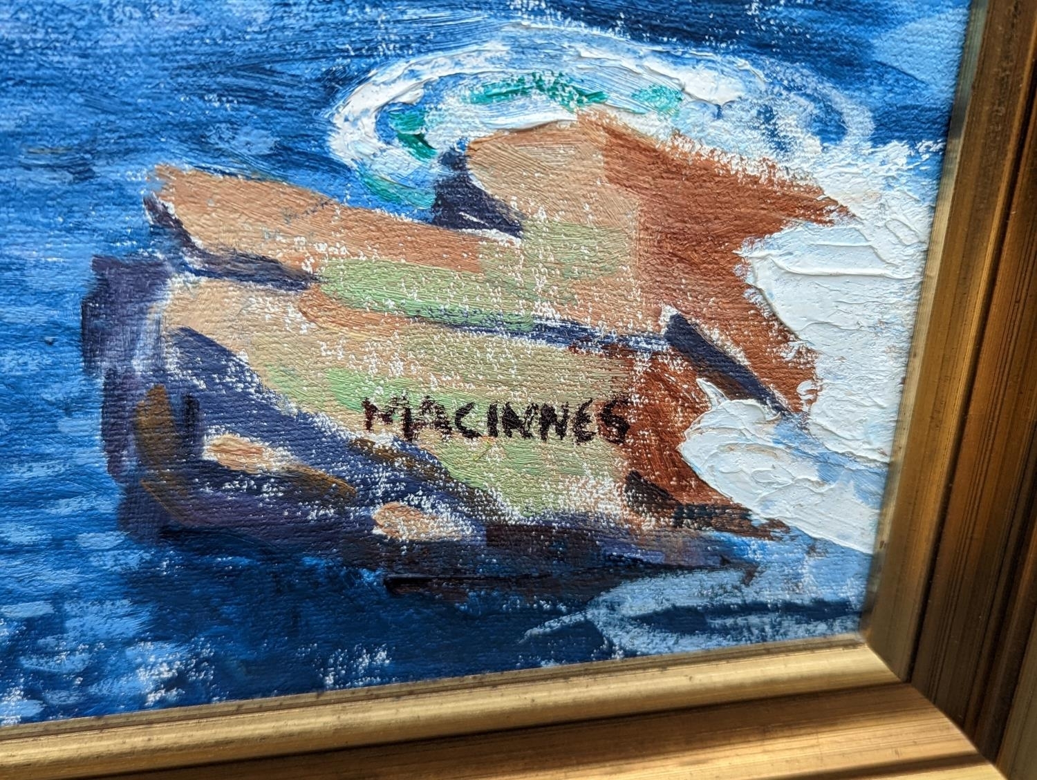 Artwork by Ian MacInnes, Scottish coastal cliffs, probably Yesnaby Orkney with Old Man of Hoy in the distance , Made of Oil on board