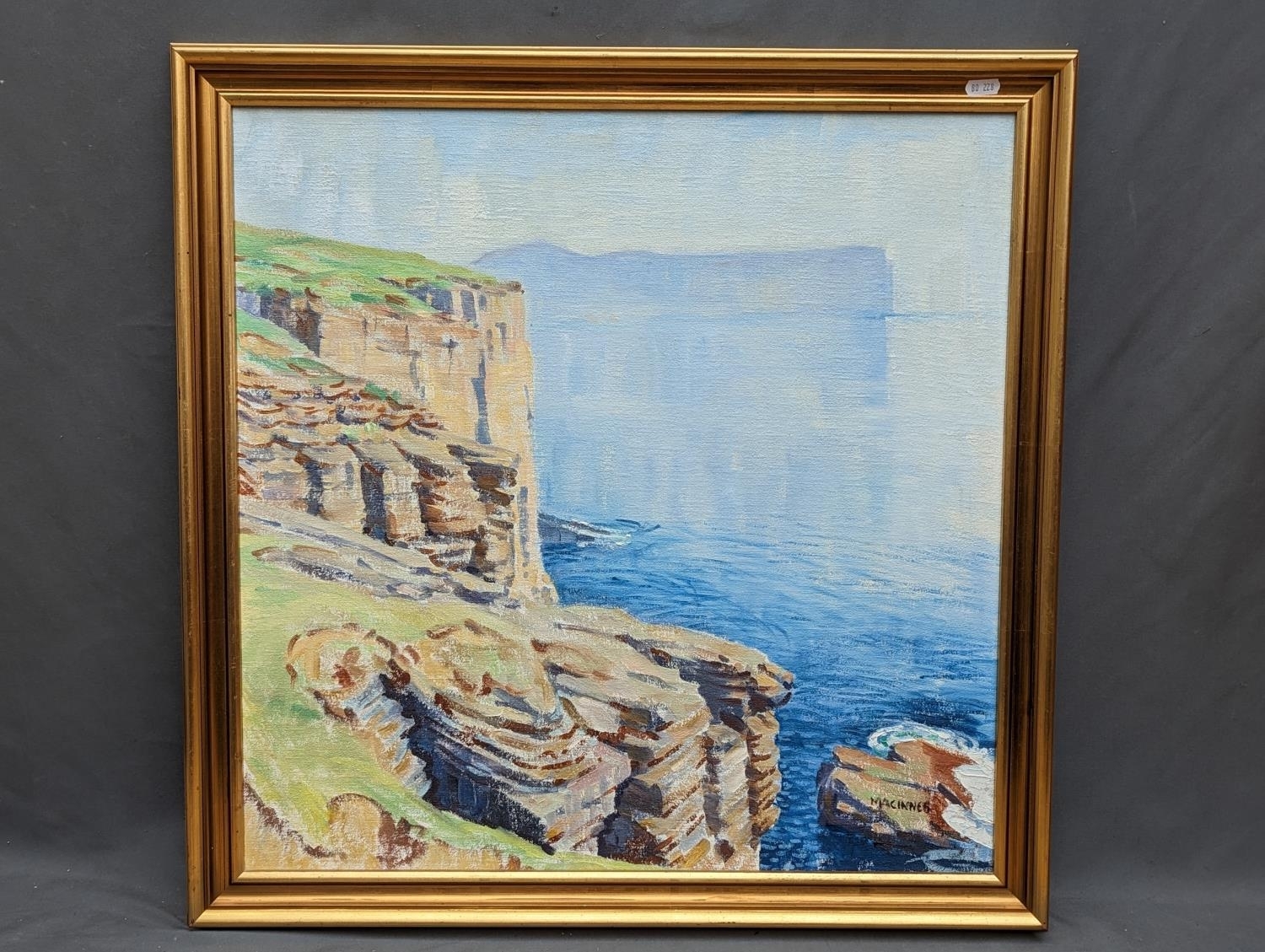 Artwork by Ian MacInnes, Scottish coastal cliffs, probably Yesnaby Orkney with Old Man of Hoy in the distance , Made of Oil on board