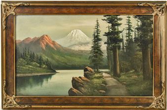 A serene landscape painting featuring a snow-capped mountain, calm lake, and tall trees.