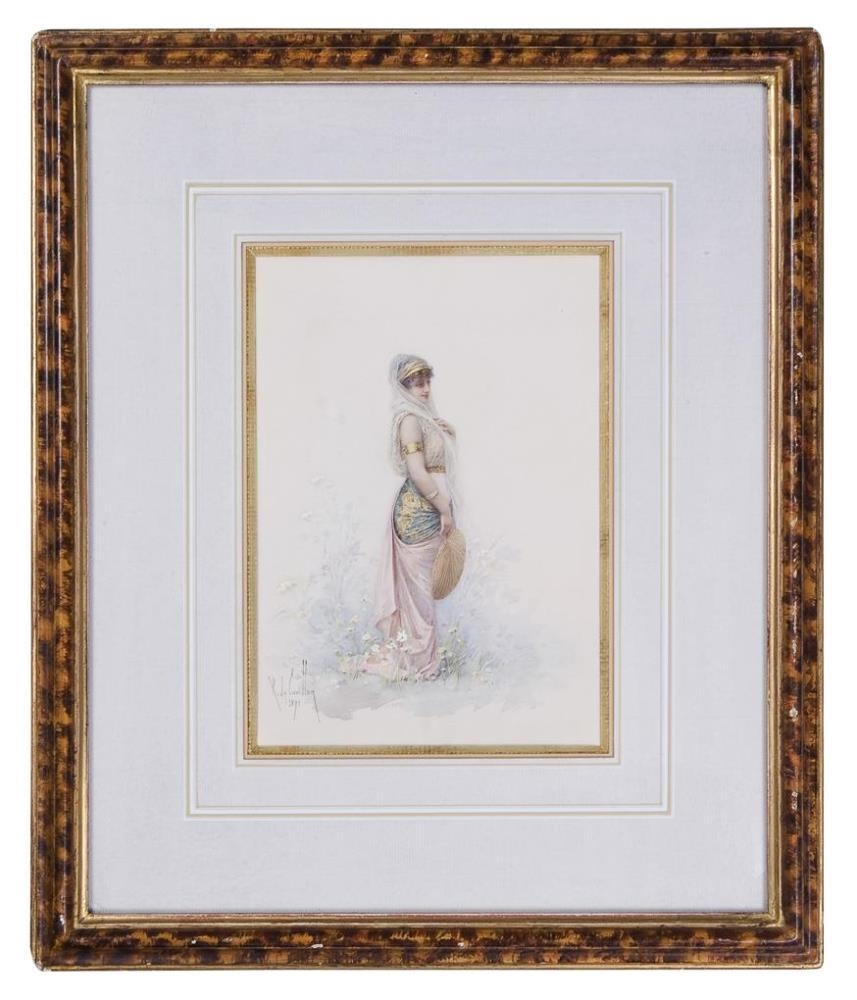 Artwork by Louis Robert de Cuvillon, Young Oriental Girl with Fan, Made of Watercolor, heightened with white