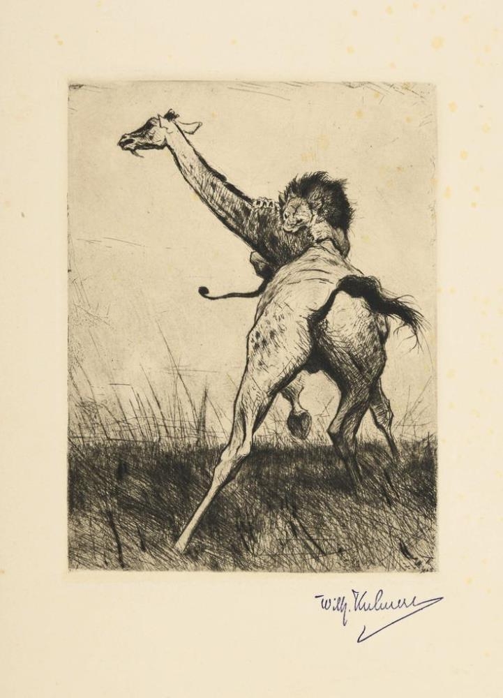 Giraffe with attacking lion by Wilhelm Kuhnert, Circa 1900