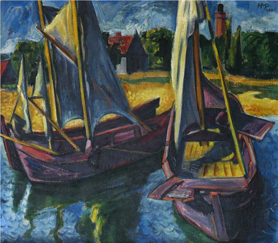 Keitelkähne (Barges) Frankmit Kindermädchen Anna Gärtner (Frank with his Nanny Anna Gärtner) - reverse by Max Pechstein, 1920