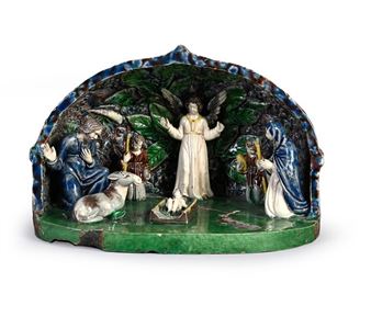 Rare terracotta crib with lead glaze. Under a construction representing an open thatched cottage - Antoine Clarissy