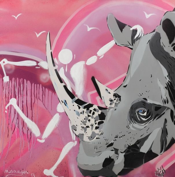 Jérôme MESNAGER (born in 1961) and EZP (born in 1970) associated Rhinoceros Acrylic on canvas, Signed at the bottom and dated 2022, 100 x 100 cm by Jérôme Mesnager, 2022