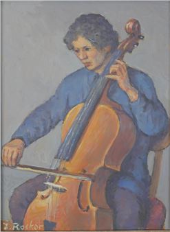 . A framed oil on board of a man playing a cello - Fermin Rocker