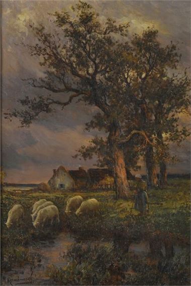 Shepherdess and her flock at dusk by Michel Korochansky
