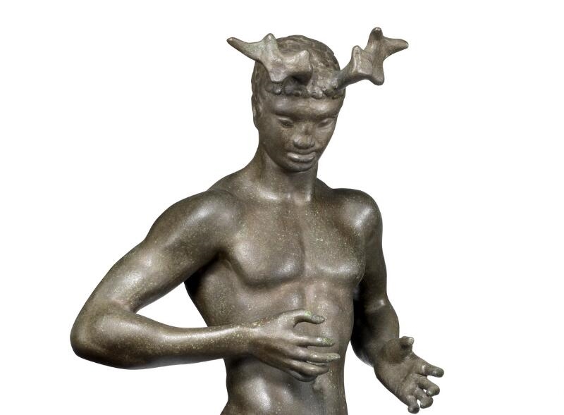 Artwork by Johannes Bjerg, “Pan på trekantet plint” (Pan on triangular plinth), Made of Bronze