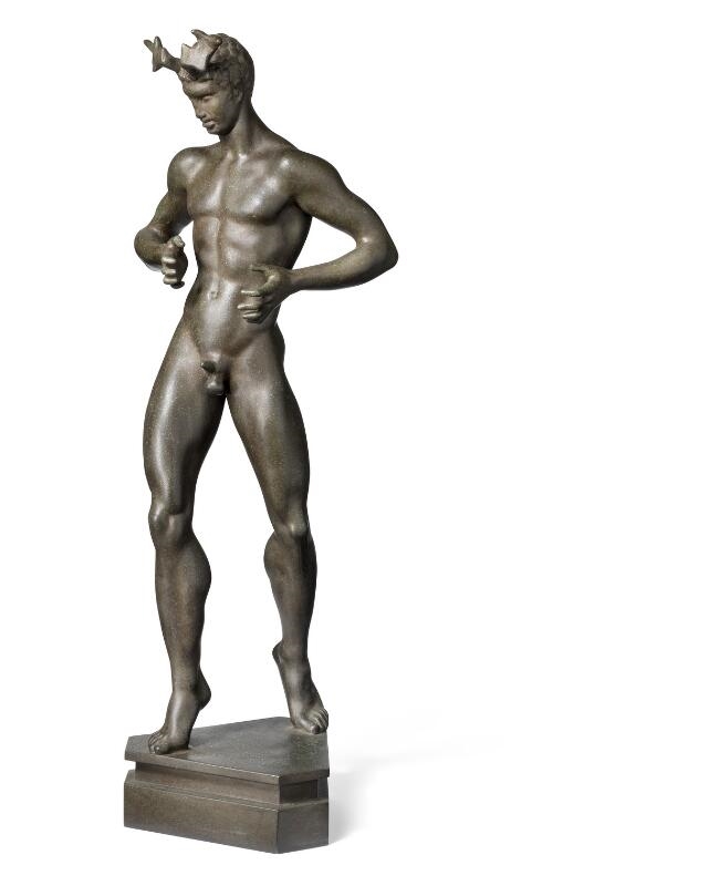 Artwork by Johannes Bjerg, “Pan på trekantet plint” (Pan on triangular plinth), Made of Bronze