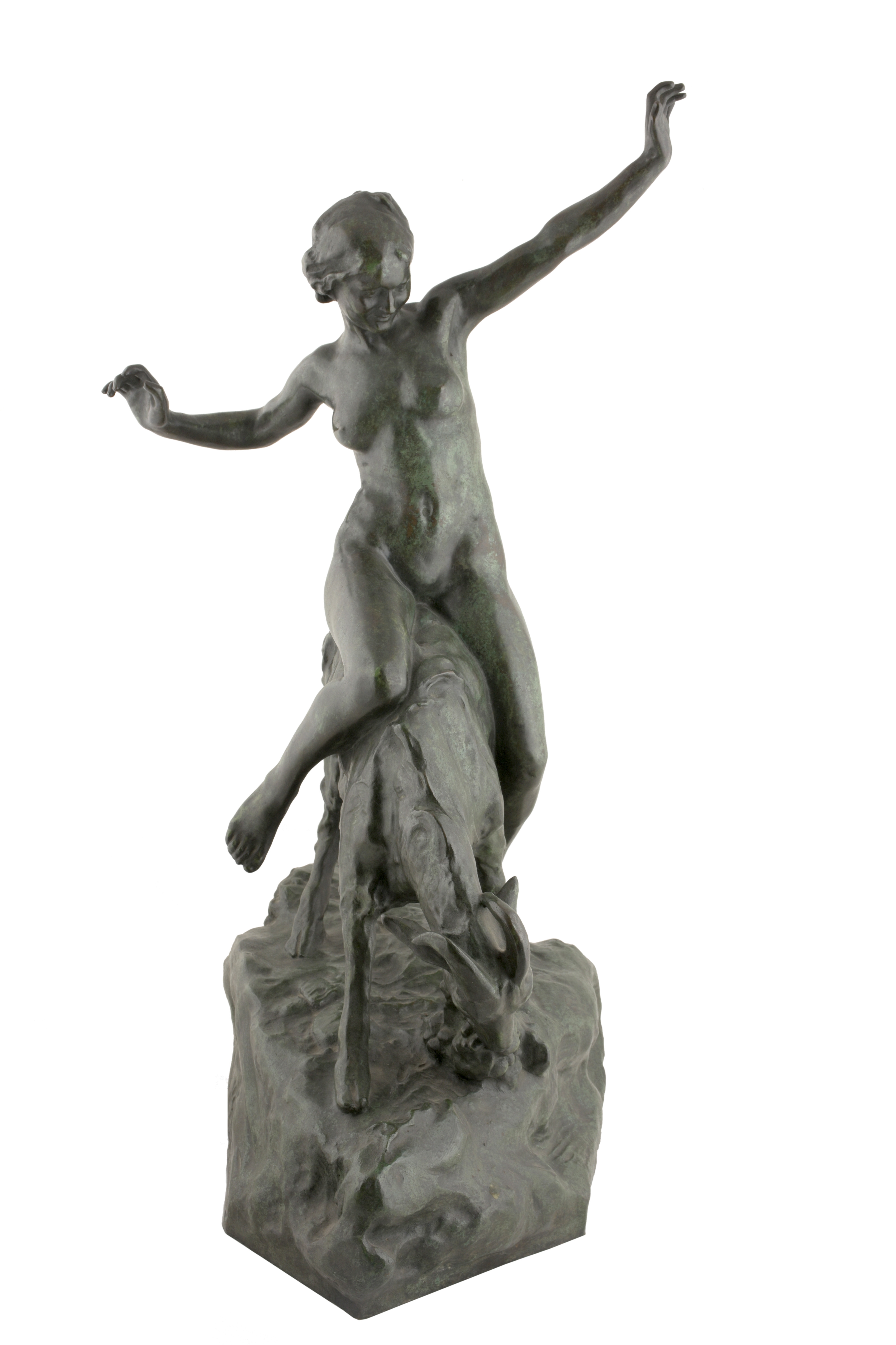 Artwork by Alfred Courtens, Jeune fille nue chevauchant une chèvre (1914), Made of Bronze with brown/green patina