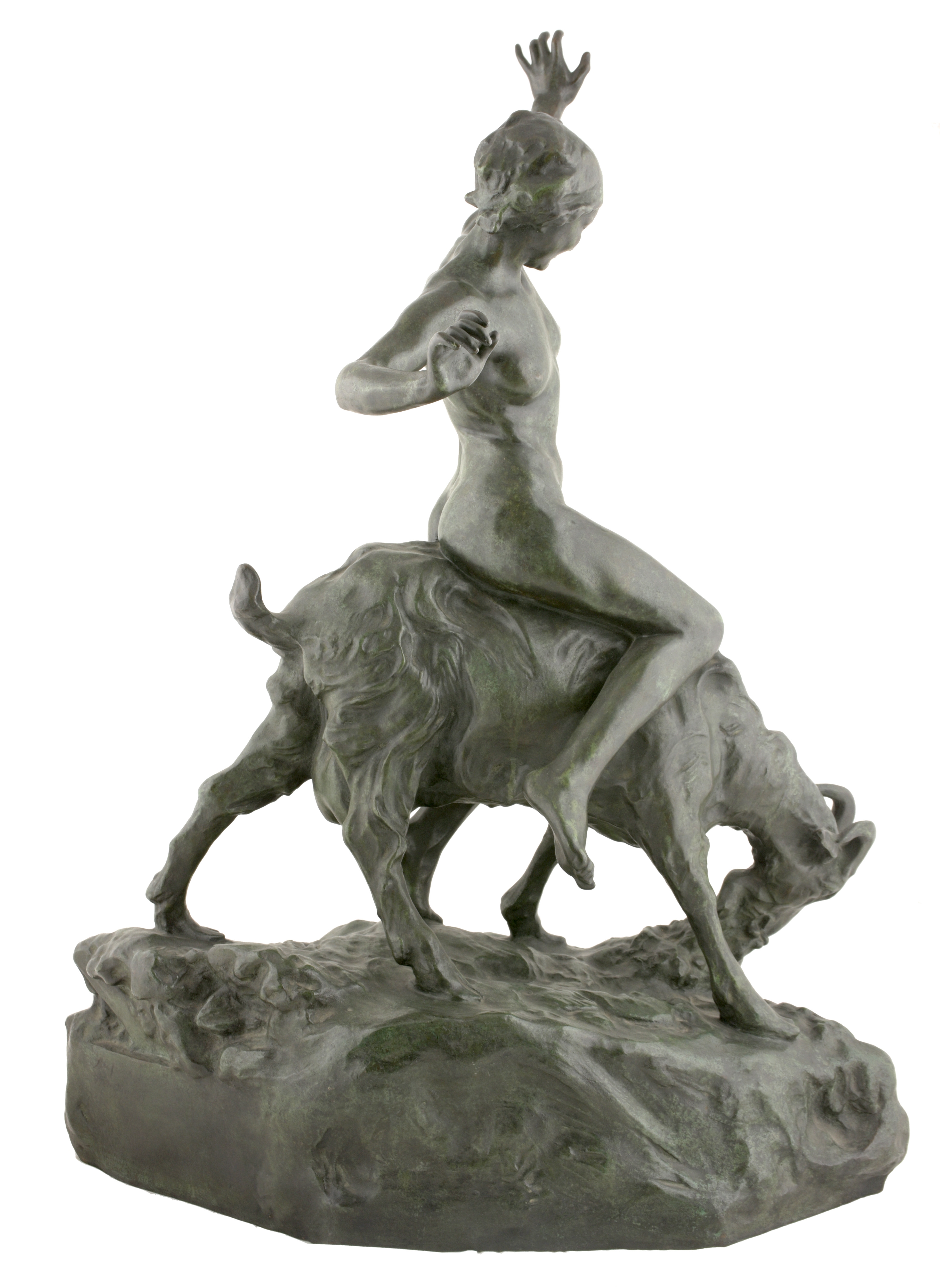 Artwork by Alfred Courtens, Jeune fille nue chevauchant une chèvre (1914), Made of Bronze with brown/green patina