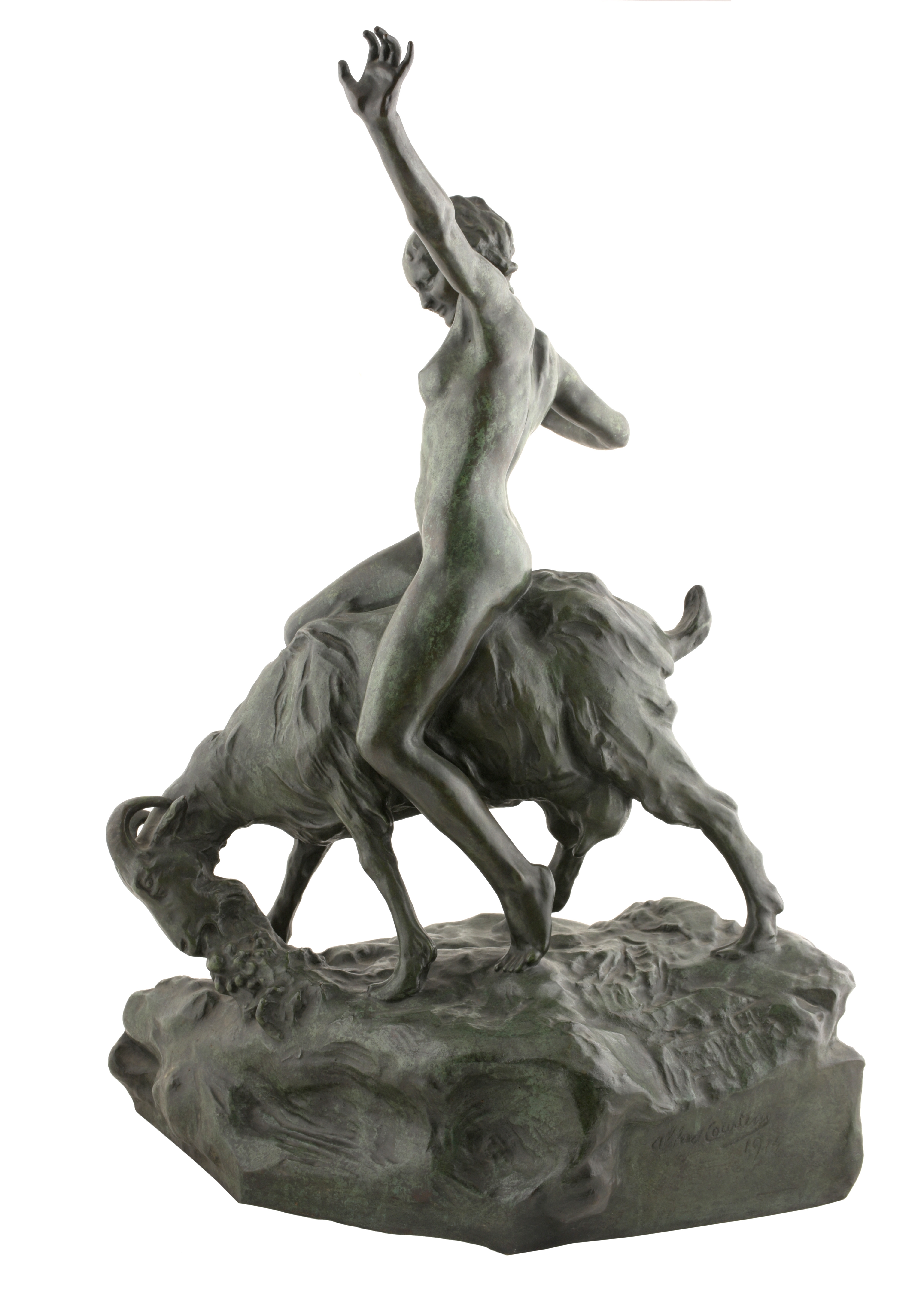 Artwork by Alfred Courtens, Jeune fille nue chevauchant une chèvre (1914), Made of Bronze with brown/green patina