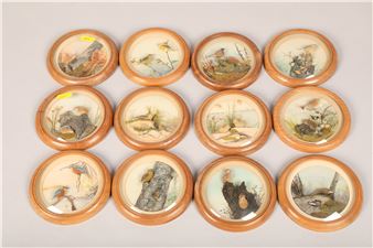 Series of twelve diorama pictures of nature in circular frames by H.E Hervey R.M S (12) - H. Harvey