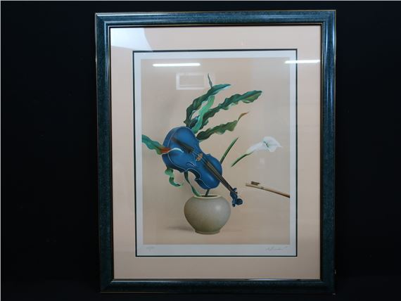 PAUL DONADINI (né en 1951) - Nature morte au violon et au vase de fleurs, lithographie signée et numérotée 112/150, 80x66cm