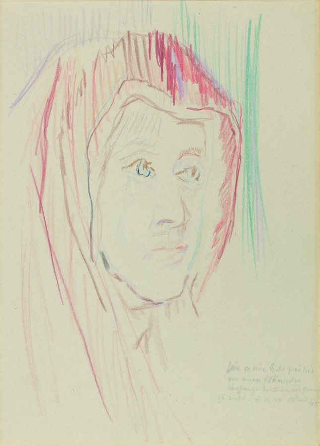 Artwork by Oskar Kokoschka, Head from an old Tapestry, Made of colored pencils on paper