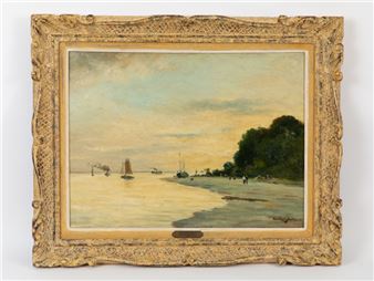 Die &quot;Elbe bei Neumühlen&quot; in diesiger Stimmung mit Personen- und Boote-Staffage - Aenderly Möller