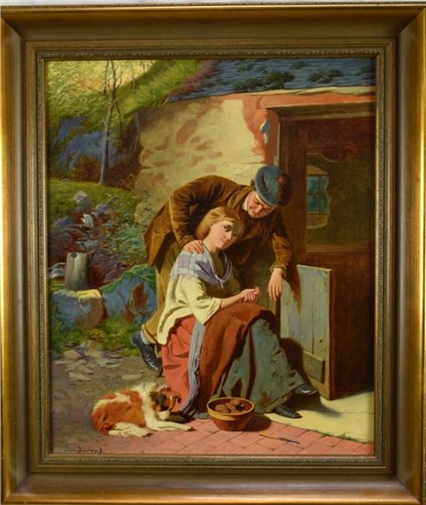A rustic couple and their dog sat by a cottage door, by William Henry Midwood