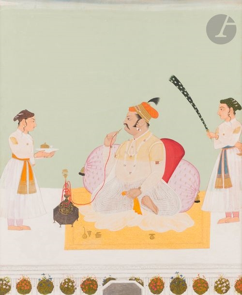 Artwork by Rajasthan School, 19th Century, Presumed portrait of Maharana Udai Singh II of Mewar smoking the huqqa, Made of Gouache and gold on paper