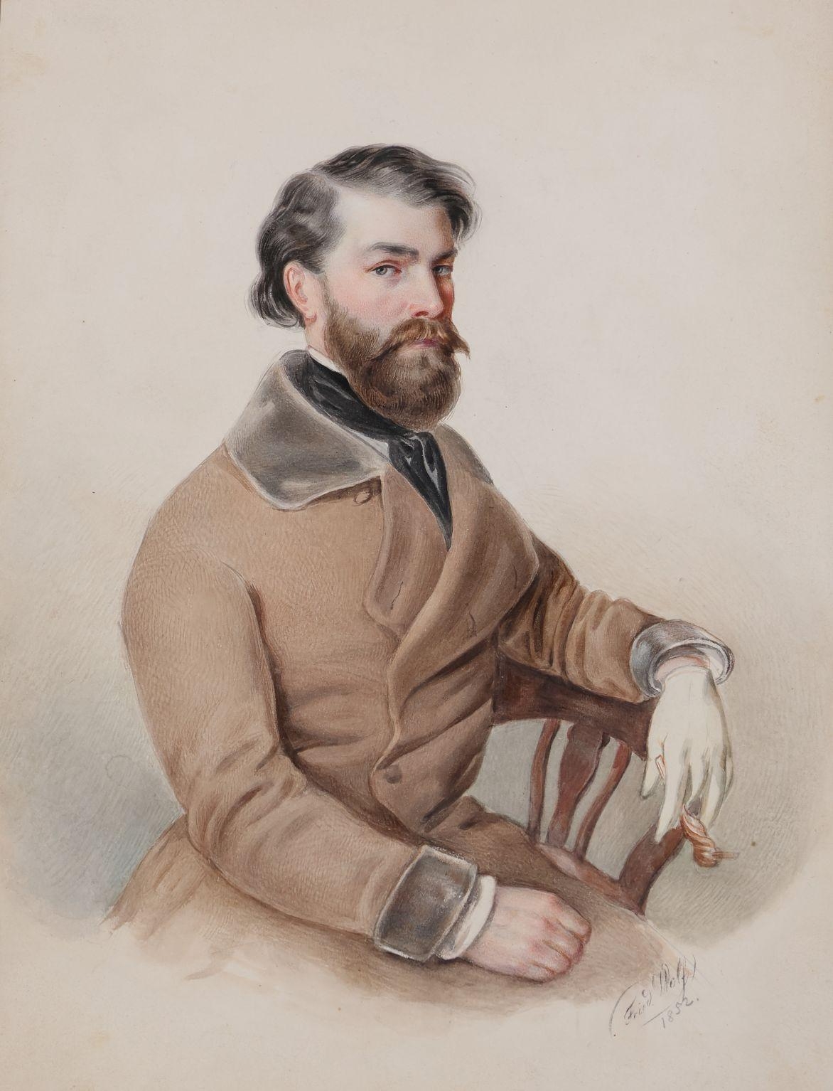 Artwork by Friedrich Wolf, Portraet eines baertigen Mannes mit Zigarettenhalter, Made of Watercolor and pencil drawing on vellum