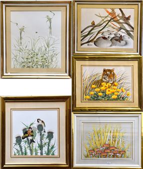 Toadstools before bamboo together with four further watercolours - Kian Mehrak