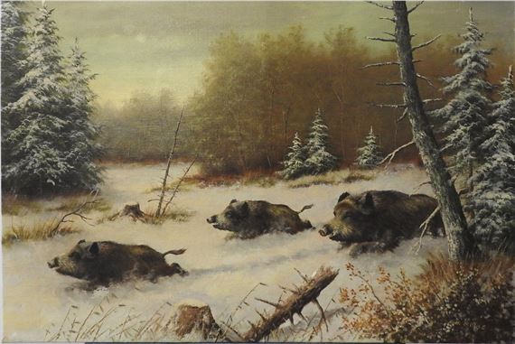 wild boar running snow at dusk by Karl Hans Boese
