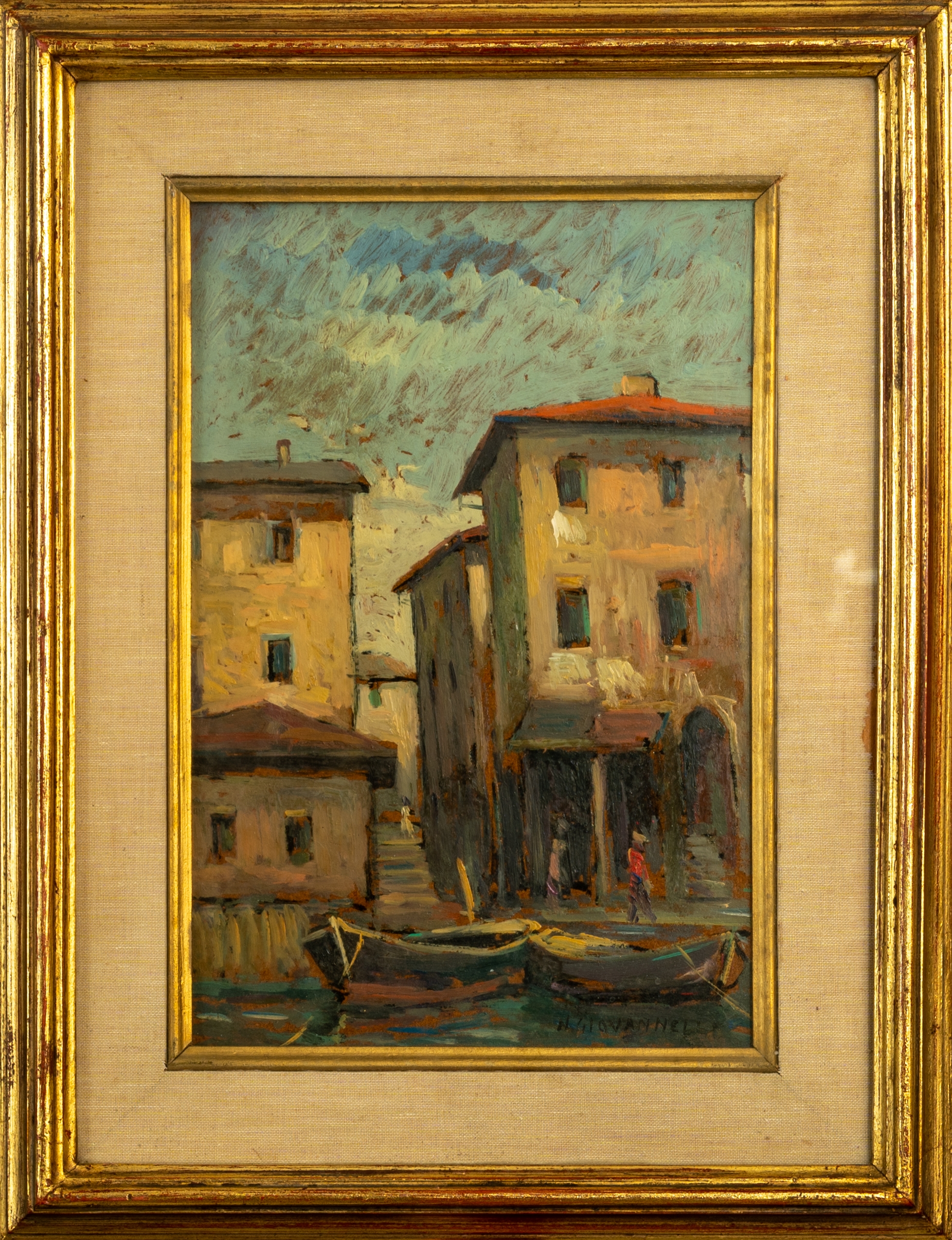 Artwork by Nello Giovannelli, Scorcio di paese con barche, Made of olio su masonite