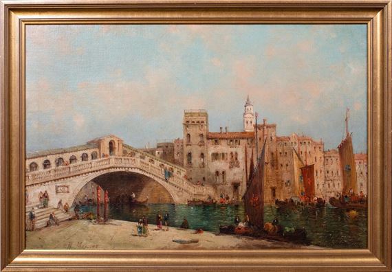 VIEW OF THE RIALTO BRIDGE, VENICE OIL PAINTING by William Meadows, 19th century