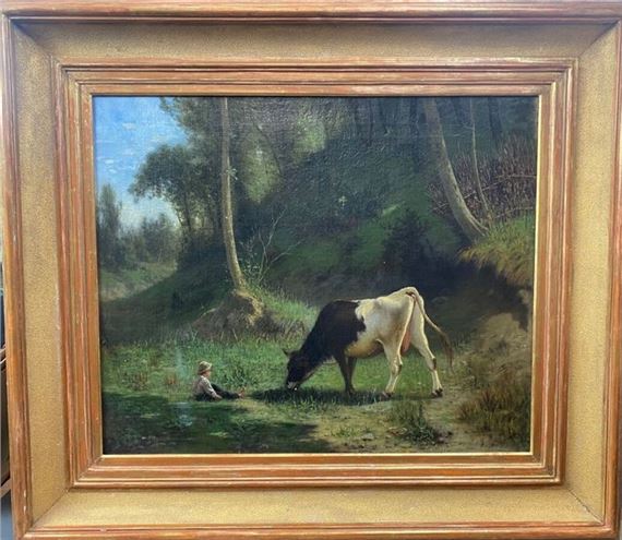 Young boy sitting in the grass in front of a cow on a path by Luigi Steffani