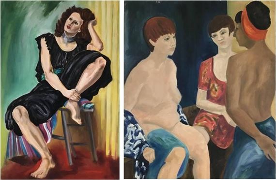 Seated female wearing black dress by Betty Hill