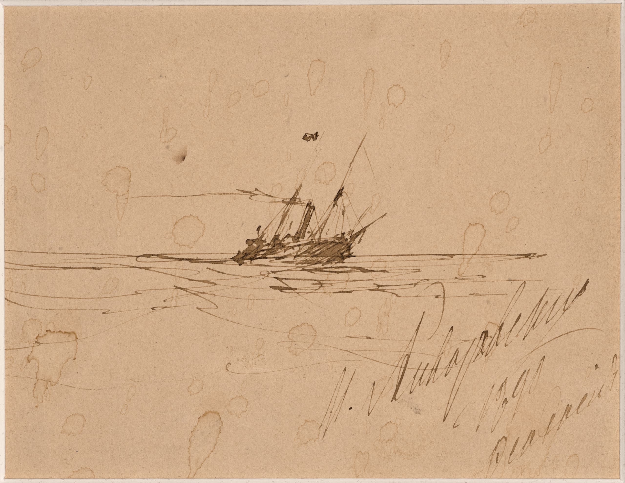 Artwork by Ivan Aivazovsky, Ship at sea, 1890, Made of ink and brownish-grey wash on paper