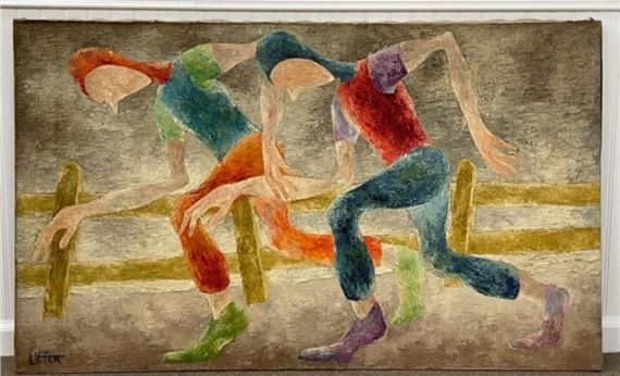 Eleanor Uffer | surrealist painting of men running (1960) | MutualArt