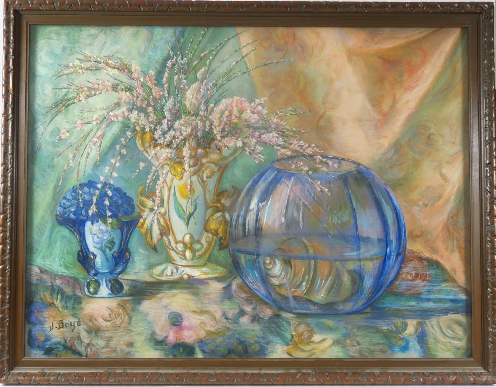 Artwork by J. Boye, Nature morte au bouquet de fleurs et à l'aquarium, Made of Pastel