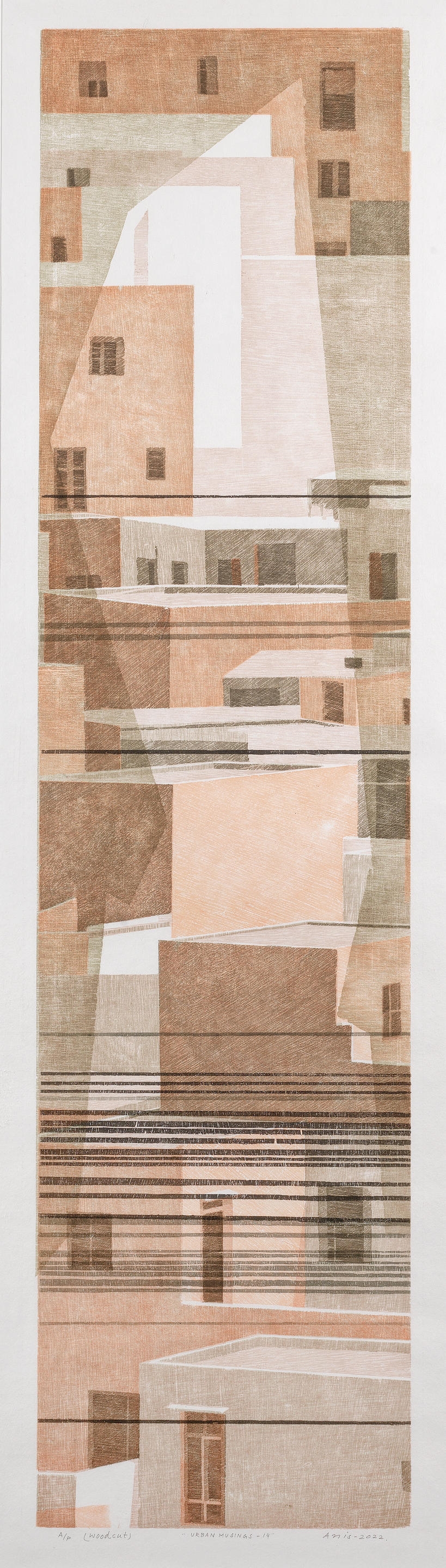 Artwork by Anisuzzaman Sohel, Urban Musings 14, Made of woodcut on paper